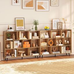 Gymax 10-Cube Freestanding Bookcase 140 CM Mid Century Storage Organizer in Light Khaki - thumbnail 9