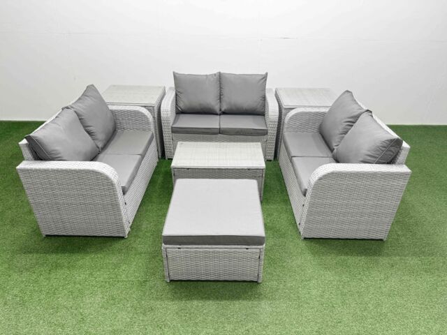 Fimous 7 Seater PE Wicker Rattan Furniture Sofa Sets with Rectangular Coffee Table 2 Seater Love Sofa Big Footstool 2 Side Table Light Grey - image 1