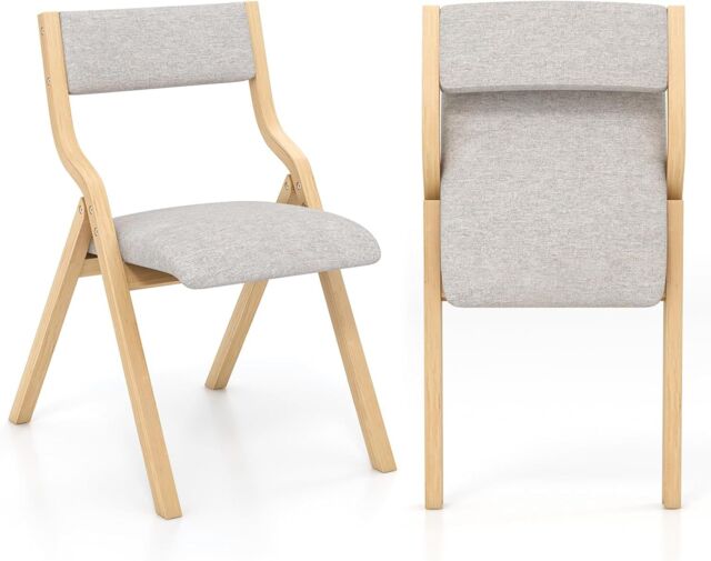 Gymax Folding Dining Chair Set of 2 Upholstered Accent Chair Wood Frame in Grey - image 1