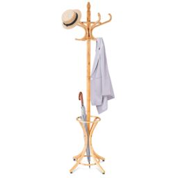 Costway Floor Standing Coat Jacket Stand Solid Wood Hanger with Umbrella Rack in Natural - thumbnail 1