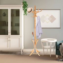 Costway Floor Standing Coat Jacket Stand Solid Wood Hanger with Umbrella Rack in Natural - thumbnail 2