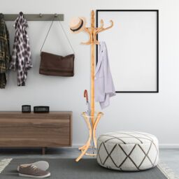 Costway Floor Standing Coat Jacket Stand Solid Wood Hanger with Umbrella Rack in Natural - thumbnail 6