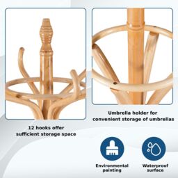 Costway Floor Standing Coat Jacket Stand Solid Wood Hanger with Umbrella Rack in Natural - thumbnail 4