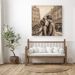 "Warren Reed - Designer Sharing A Kiss Canvas in Black - Size: W30"" x H30""" - thumbnail 1