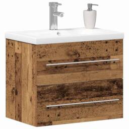 Berkfield Home White Bathroom Sink Cabinet with Built-in Basin Old Wood Engineer in Brown - thumbnail 1