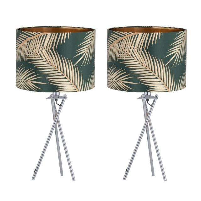 First Choice Lighting Set of 2 Tropica - Chrome Tripod Lamps with Dark Green & Gold Shades in Silver - image 1