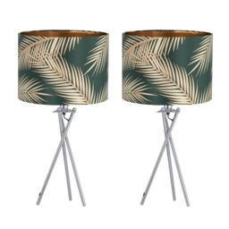 First Choice Lighting Set of 2 Tropica - Chrome Tripod Lamps with Dark Green & Gold Shades in Silver
