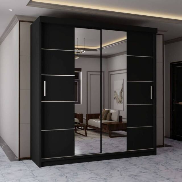 MN Furniture Wardrobe Modern Sliding Mirror Door - LED Light 180cm x 217cm in Black - Size: 180 cm x 217 cm - image 1