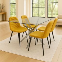 KOSY KOALA Modern Rectangle Glass Dining Table Set With 4 Mustard Gem Pattern Chairs Dining Room Furniture in Beige