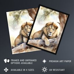 "Artery8 Majestic Lion African Savannah Watercolour Africa Art Print Framed Poster Wall Decor 12x16 inch in Black - Size: W12"" x H16""" - thumbnail 2