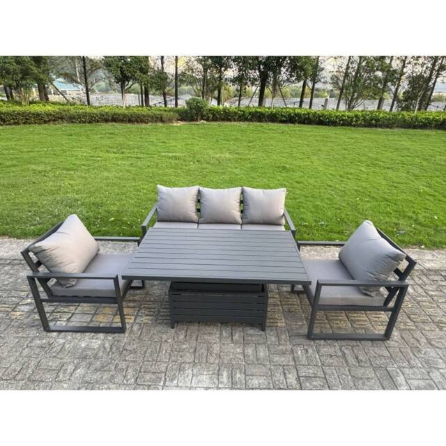 Fimous Aluminum 4-Piece 5-Seater Sofa Set with Lifting Table & 2 Chairs in Dark Grey - image 1