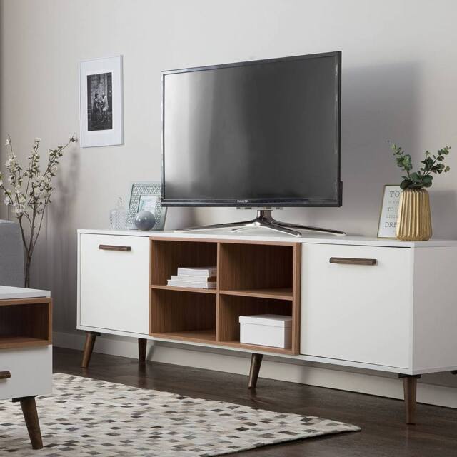 "Wyld and Coco Aura TV Stand - White and Dark Wood Fits 78"" TVs" - image 1