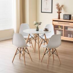 Comfy Living Ltd 5 Piece Dining Set With Round White Wooden Top & 4 White Chairs With Metal Detailing