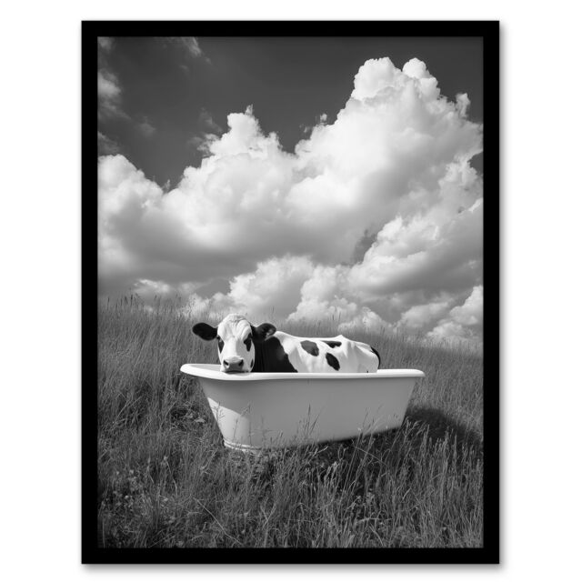 Artery8 Cow In Bathtub in a Field Black White Surreal Framed Art Print in Grey - Size: A4 - image 1