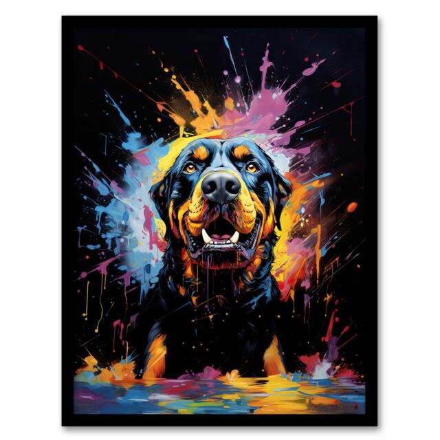 "Artery8 Wall Art Print Rottweiler Dog Lover Gift Pet Portrait Blue Orange Purple Artwork Painting Art Framed - Size: W12"" x H16""" - image 1