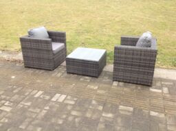 Fimous Rattan Garden Furniture Chairs Square Coffee Table Set in Dark Grey - thumbnail 2