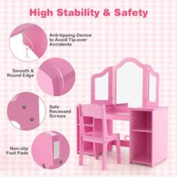 Costway Kids Vanity Table & Chair Set 2-in-1 Princess Makeup Vanity Set-Pink in Pink - thumbnail 2