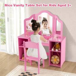 Costway Kids Vanity Table & Chair Set 2-in-1 Princess Makeup Vanity Set-Pink in Pink - thumbnail 4