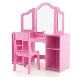Costway Kids Vanity Table & Chair Set 2-in-1 Princess Makeup Vanity Set-Pink in Pink - thumbnail 1