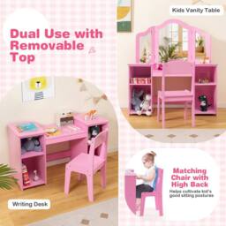 Costway Kids Vanity Table & Chair Set 2-in-1 Princess Makeup Vanity Set-Pink in Pink - thumbnail 5