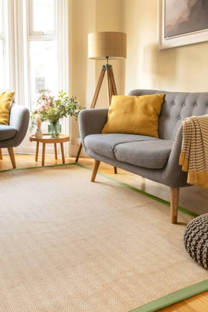 Kukoon Natural Golden Beige Jute Micro Woven Herringbone Pattern Cotton Border Area Rug in Green - Size: 120 cm x 170 cm - image 1