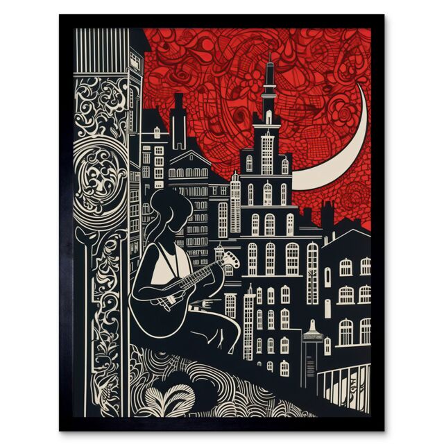 "Artery8 Wall Art Print Street Musician Guitarist in Edinburgh Cityscape Art Framed in Black - Size: W12"" x H16""" - image 1