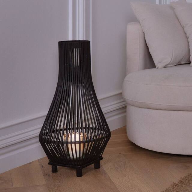 Wyld and Coco Black Bamboo Candle Lantern 38 cm with Glass Insert Boho Floor Lantern - image 1