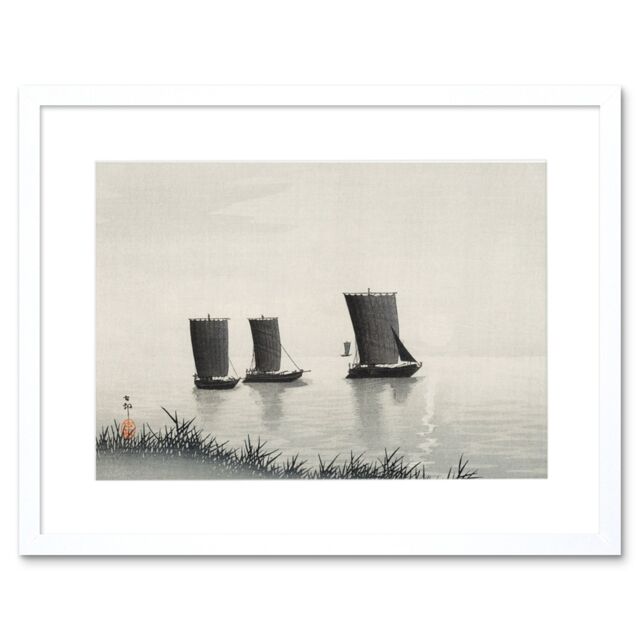 "Artery8 Wall Art Print Fishing Boats Ohara Koson Art Framed 9x7 inch in White - Size: W7"" x H9""" - image 1
