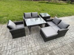 Fimous 6 Seater Wicker PE Rattan Garden Dining Set Outdoor Furniture Sofa with Rectangular Dining Table Double Seat Sofa Big Footstool Side Table - thumbnail 2