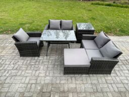 Fimous 6 Seater Wicker PE Rattan Garden Dining Set Outdoor Furniture Sofa with Rectangular Dining Table Double Seat Sofa Big Footstool Side Table - thumbnail 1