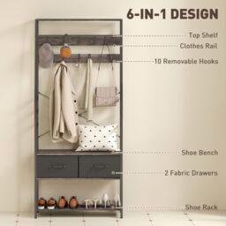 HOMCOM Coat Rack with Shoe Storage, Bench & 10 Hooks in Grey - thumbnail 4