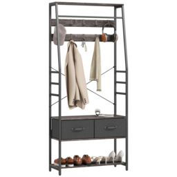 HOMCOM Coat Rack with Shoe Storage, Bench & 10 Hooks in Grey - thumbnail 2
