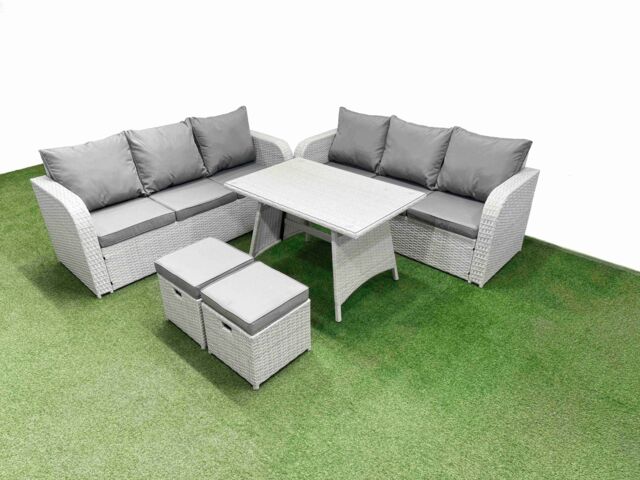 Fimous Rattan High Back Lounge Sofa Set with 3 Seater Sofa 2 Small Stool in Light Grey - image 1