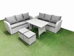 Fimous Rattan High Back Lounge Sofa Set with 3 Seater Sofa 2 Small Stool in Light Grey - thumbnail 1