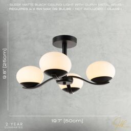 Happy Homewares Modern Matte Black Ceiling Light with Four Opal Oval Glass Shades - thumbnail 7