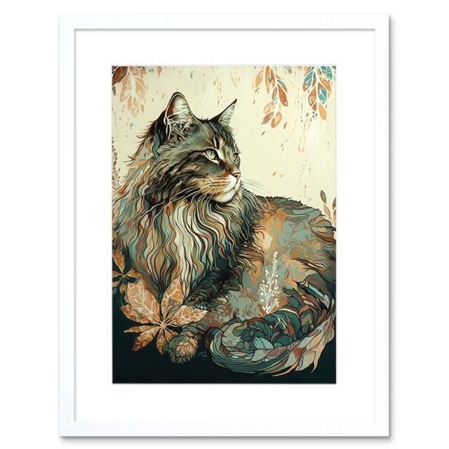 "Artery8 Wall Art Print Maine Coon Cat with Flower Pattern Modern Watercolour Artwork Framed 9X7 Inch in White - Size: W7"" x H9""" - image 1