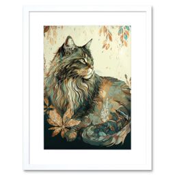 "Artery8 Wall Art Print Maine Coon Cat with Flower Pattern Modern Watercolour Artwork Framed 9X7 Inch in White - Size: W7"" x H9""" - thumbnail 1