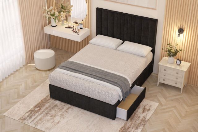 Somnior Alexas Plush Velvet Midnight Pocket Sprung Divan Storage Bed with 4 Drawers & Headboard in Black - Size: King - image 1