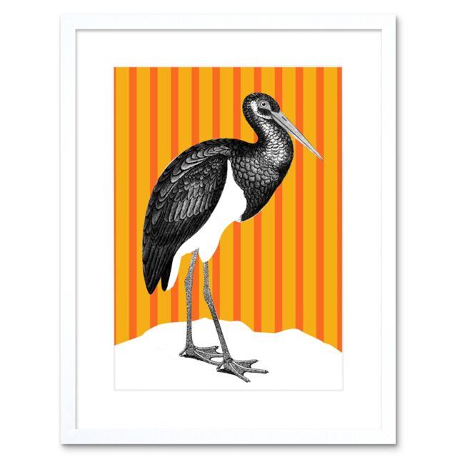 "Artery8 Wall Art Print Tall Birds On Stripes Black Stork Orange Artwork Framed 9X7 Inch in White - Size: W7"" x H9""" - image 1