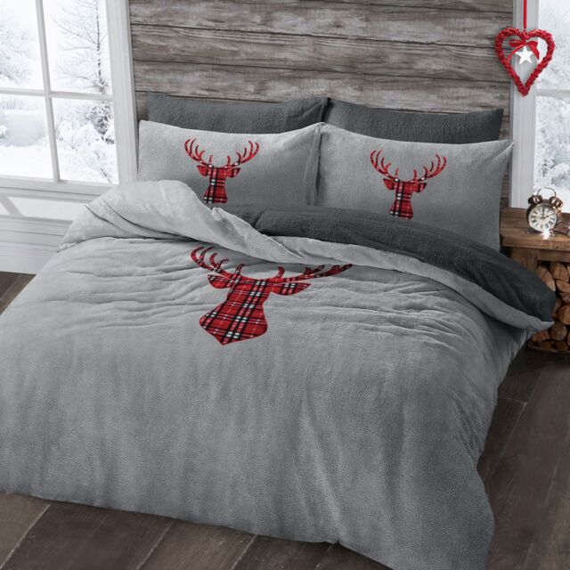 Velosso Stag Head Teddy Warm & Cosy Duvet Cover & Pillowcase Set in Silver - Size: Single - image 1