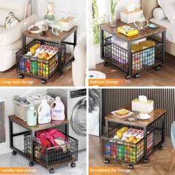 VOGREX Heavy Duty Wooden Mini Fridge Stand w/Rolling Storage Basket in Brown - Size: Large - thumbnail 4