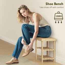 HOMCOM 3-Tier Bamboo Shoe Bench with 2 Shelves for Entryway, Wood Finish in Natural - thumbnail 5