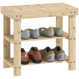 HOMCOM 3-Tier Bamboo Shoe Bench with 2 Shelves for Entryway, Wood Finish in Natural - thumbnail 2