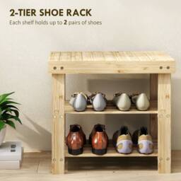 HOMCOM 3-Tier Bamboo Shoe Bench with 2 Shelves for Entryway, Wood Finish in Natural - thumbnail 4