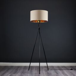 ValueLights Camden Black Metal Tripod Floor Lamp with Beige & Gold Lamp Shade - thumbnail 3
