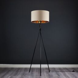 ValueLights Camden Black Metal Tripod Floor Lamp with Beige & Gold Lamp Shade