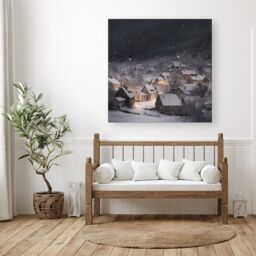 "Warren Reed - Designer Snowfall Over A Quiet Village Canvas - Size: W30"" x H30""" - thumbnail 1