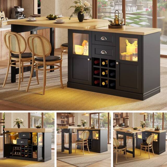 BTM Extendable Sideboard LED Dining Table Glass Cabinet Storage in Black - image 1