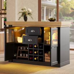 BTM Extendable Sideboard LED Dining Table Glass Cabinet Storage in Black - thumbnail 2