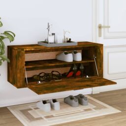 Berkfield Home Wall Shoe Cabinet Smoked Oak 100x35x38 cm Engineered Wood in Brown - Size: 100 x 35 x 38 cm - thumbnail 3
